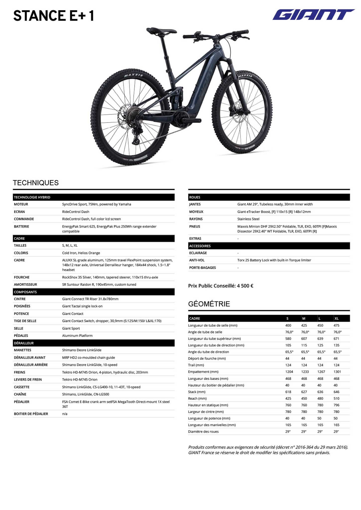Fiche technique du velo électrique Stance E+1 année 2023